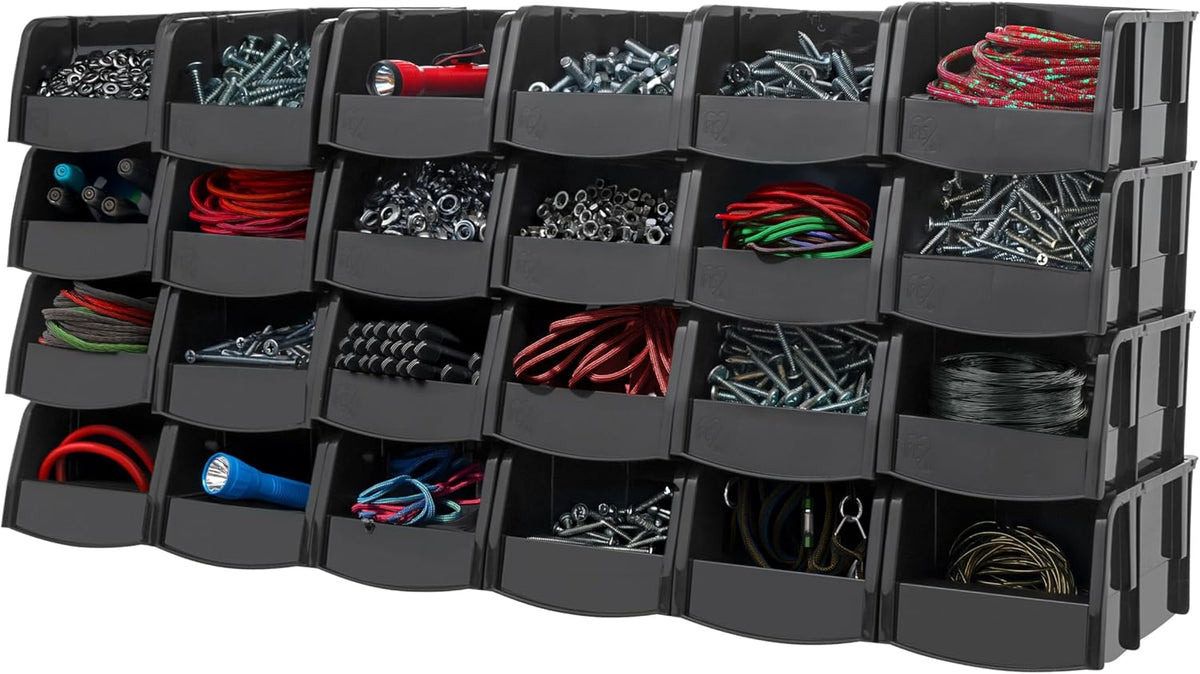 IRIS USA Extra Large Stackable Storage Bins, 6-Pack, 13"L x 10"W x 8"H, |Made in USA|, Plastic Open Front Shelf Bin for Organizing Parts, Hardware, Tools, Supplies, Garage Shelf, Pantry - Black