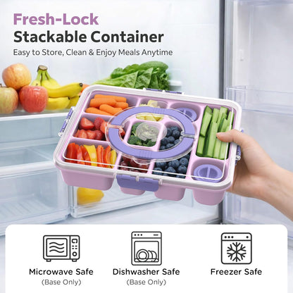 Snackle Box Container for Adults with 10 Compartment, Divided Serving Tray with Lid and Handle and 2 Sauce Containers, Portable Snack Box Container for Charcuterie Party Travel, Purple
