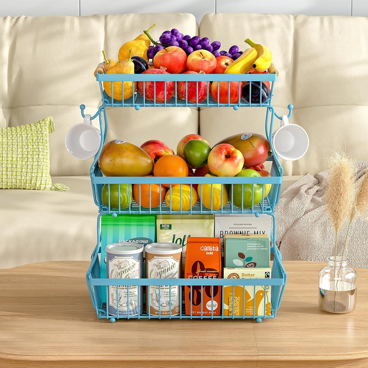 2 Tier Fruit Basket for Kitchen Counter with 2 Banana Hangers, Countertop Metal Bread Basket with Wooden Handle, Large Storage Stand for Vegetables, Snacks, Eggs, Produce Storage – Black
