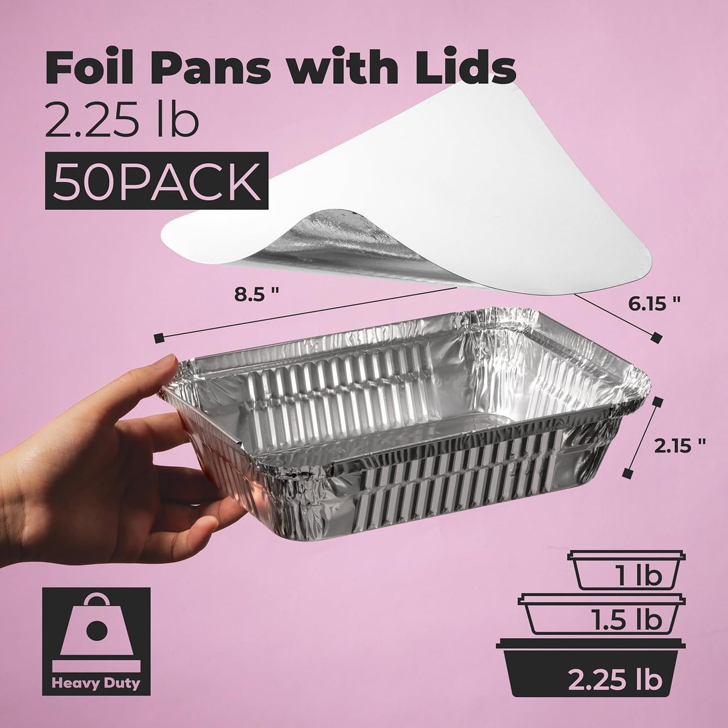 Fit Meal Prep 100 Pack 2.25 lb Aluminum Foil Pans with Lids, Disposable Take Out Food Containers with lids for Freshness and Spill Proof, 8.5 x 6 x 2 Disposable Cookware for Catering, Restaurants