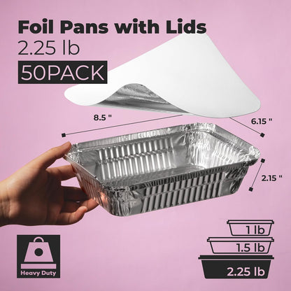 Fit Meal Prep 100 Pack 2.25 lb Aluminum Foil Pans with Lids, Disposable Take Out Food Containers with lids for Freshness and Spill Proof, 8.5 x 6 x 2 Disposable Cookware for Catering, Restaurants