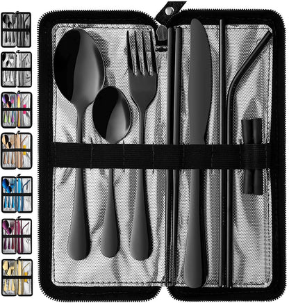 VANDBAO Camping Utensils Set, Portable Travel Utensils with Case for Fixing Tableware, Reusable Stainless Steel Stable Cutlery Set, Lunch Picnic Flatware Silverware (Rainbow Set)