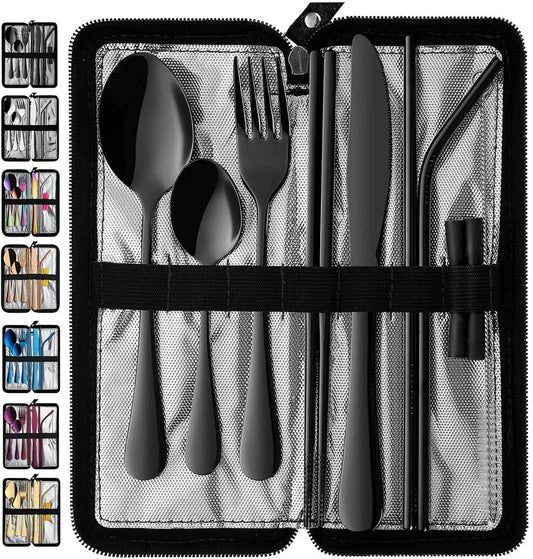 VANDBAO Camping Utensils Set, Portable Travel Utensils with Case for Fixing Tableware, Reusable Stainless Steel Stable Cutlery Set, Lunch Picnic Flatware Silverware (Rainbow Set)