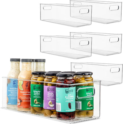 primebox Plastic Food Storage 2 Pack Clear Container Bin with Handles for Organizing Kitchen, Pantry, Refrigerator, Freezer, Pantry, Cabinet, Closet, Bathroom. 16”x6”x5”