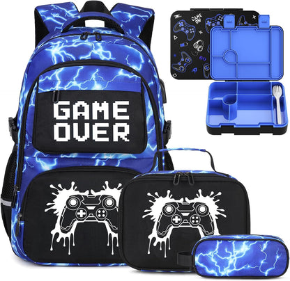 Scothen Boys Backpack - Kids Bento Box Set with Insulated Lunch Bag, Cutlery and Pencil Case, 6 Leak-Proof Compartments, Removable Tray for Boys Teens School Picnic