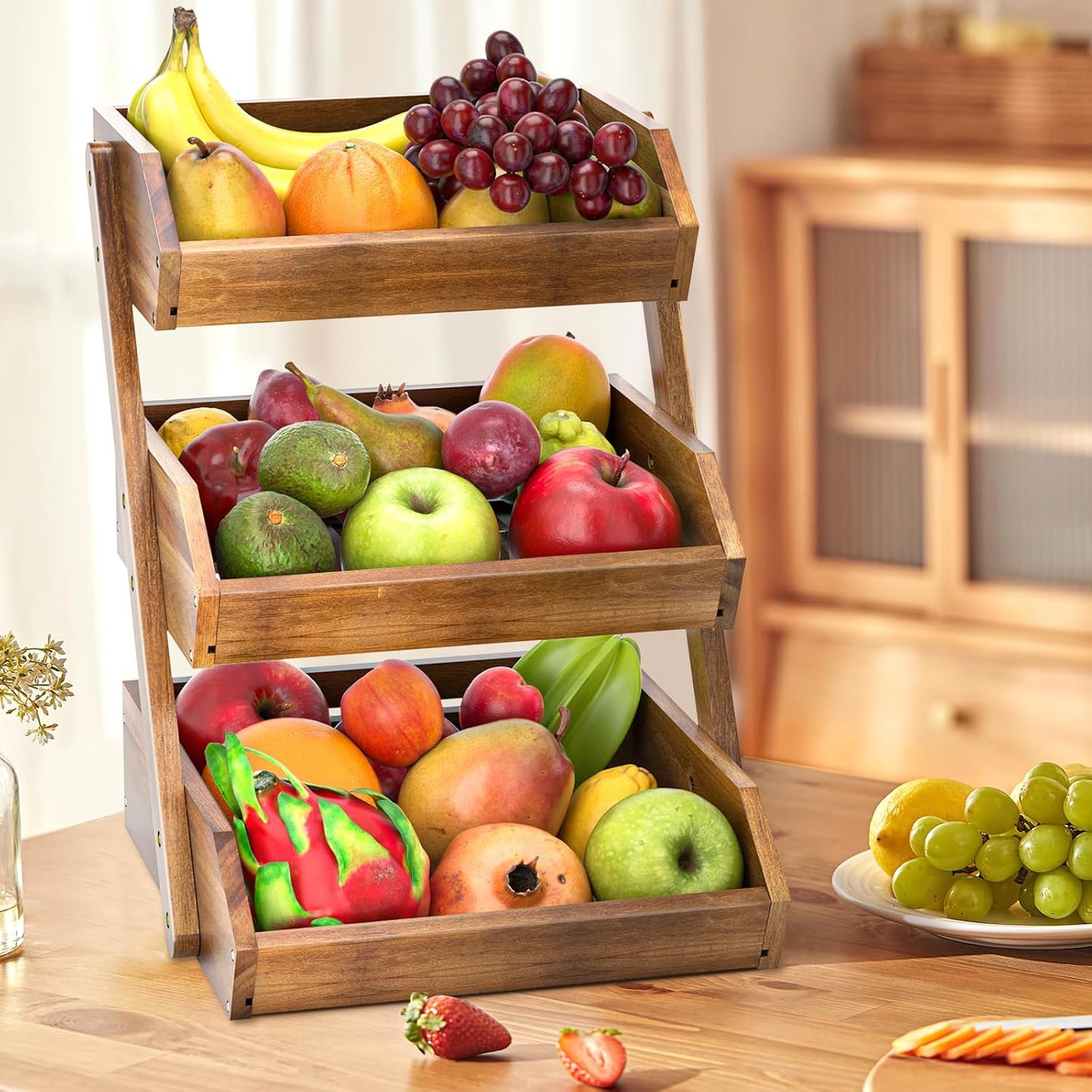 G.a HOMEFAVOR Large Bamboo Fruit Basket, 2-Tier Fruit Bowl for Kitchen Counter, Vegetable Storage Stand for Fruit Shop, 15 mm Thickness (Self-assembly)
