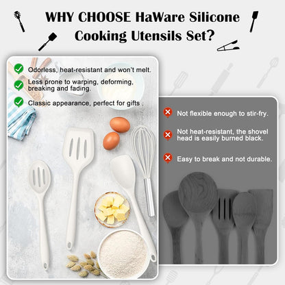 HaWare Kitchen Utensils, 14 PCS Silicone Cooking Utensils Set, Heat Resistant Kitchen Utensils for Non-stick Cookware, Kitchen Gadgets Tools with Spoons, Spatulas, Whisk, Dishwasher Safe (Black)