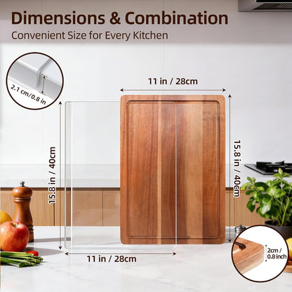 Cutting Board Set of 2 – Checkered Wood & Acrylic Cutting Board with Counter Lip for Kitchen Counter, Wood Checkerboard Chopping Board with Juice Grooves for Vegetables, Fruits, Meat
