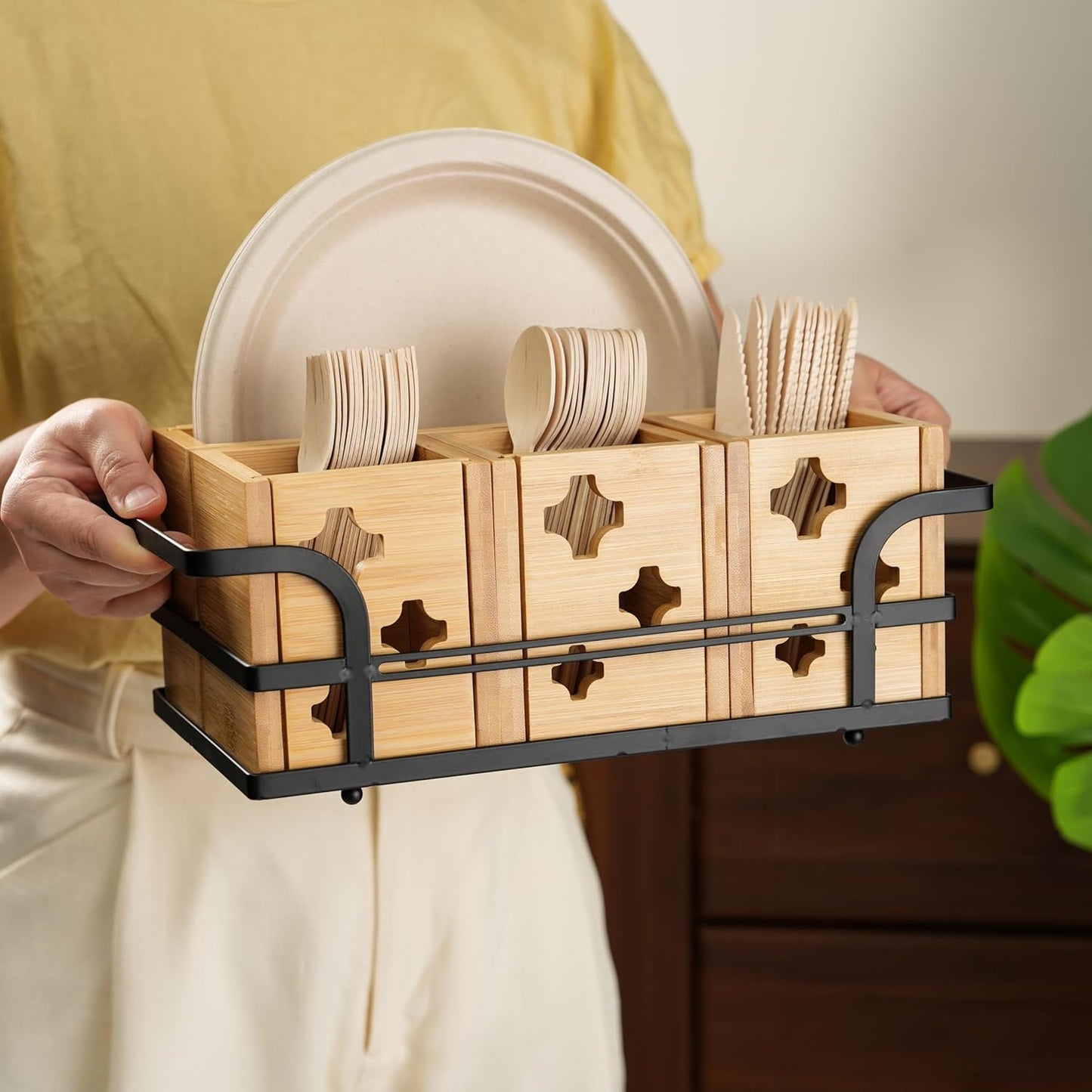 Silverware Caddy Wood Utensil Holder Cutlery Flatware Paper Plate Dispenser Organizer for Spoons Forks Plates Napkins (Acrylic)