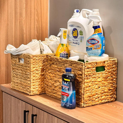 4 Hand-Woven Wicker Storage Baskets 13x11x11in, Water Hyacinth Shelf Bins | ECO-FRIENDLY & SUSTAINABLE