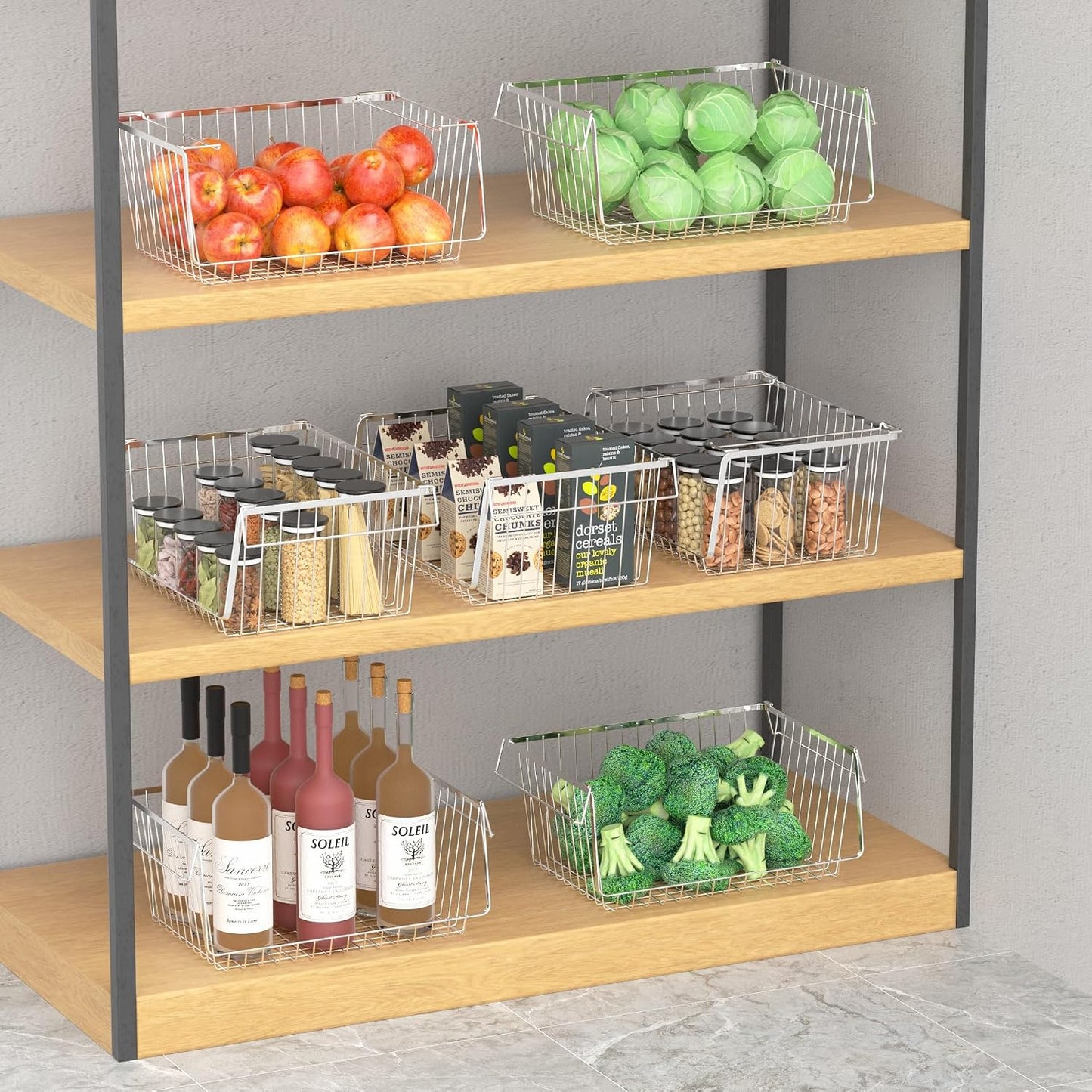 Wire Storage Basket Stackable Organizer Storage Baskets Bins Sturdy Metal Organization with Handles for Pantry, Kitchen, Closets, Bathroom, Cabinets, Kitchen, Set of 3