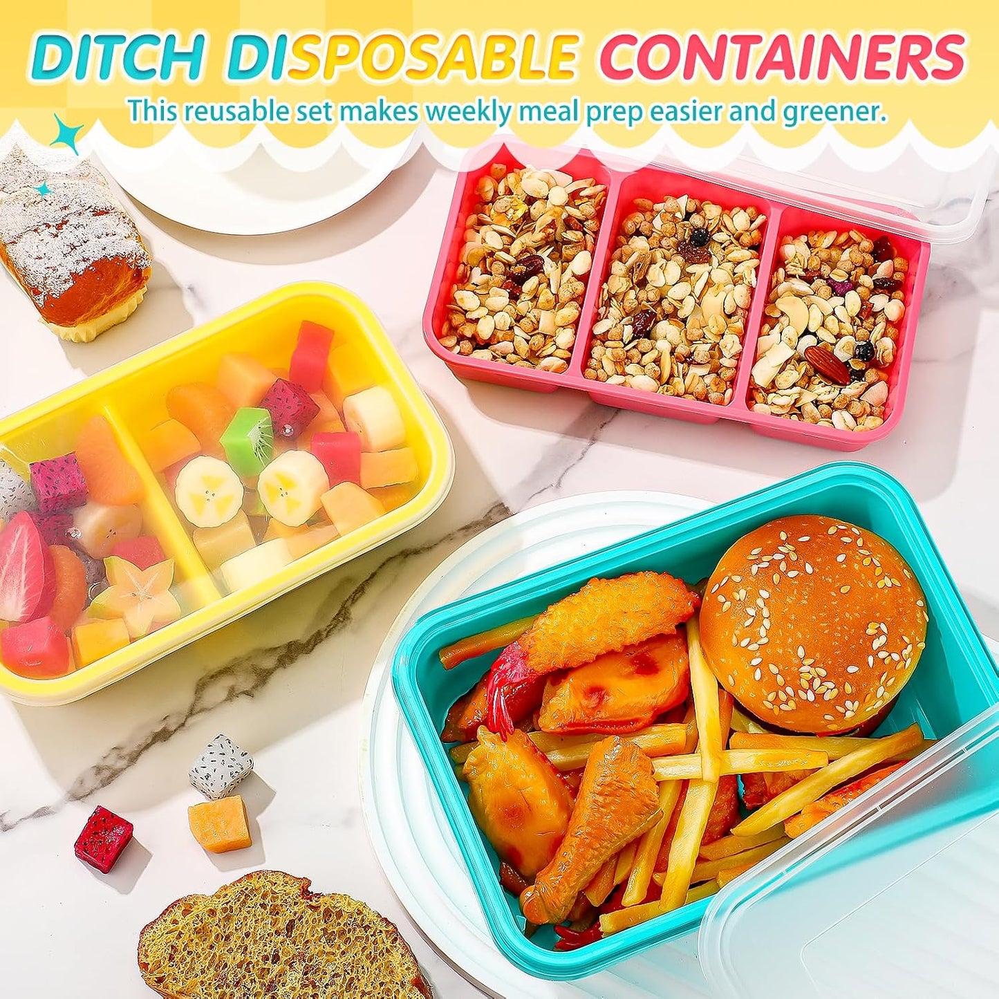 Honeydak 120 Piece Meal Prep Kit Reusable Meal Prep Containers with Dividers and Lids 1-Compartment, 2-Compartment, 3-Compartments Microwave, Freezer, Dishwasher Safe Pink, Yellow, Blue
