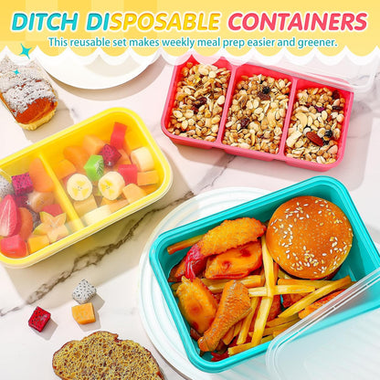 Honeydak 120 Piece Meal Prep Kit Reusable Meal Prep Containers with Dividers and Lids 1-Compartment, 2-Compartment, 3-Compartments Microwave, Freezer, Dishwasher Safe Pink, Yellow, Blue