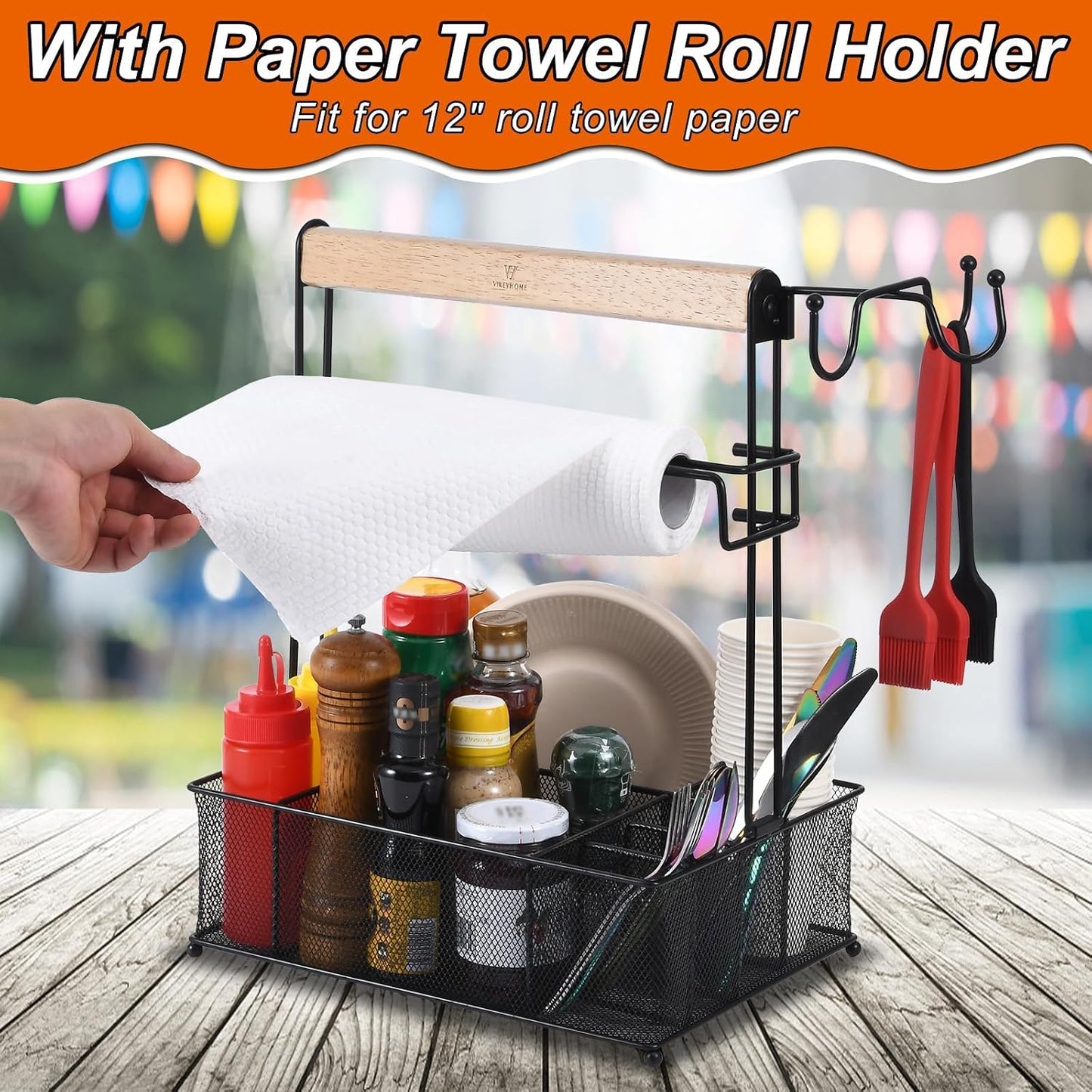 VIKEYHOME Grill Caddy, Picnic BBQ Organizer for Camping Outdoor Mesh Basket with 3 Hanging Hooks and Paper Towel Holder, Ideal Table Storage Tools for RV Camper/Tailgating/Flatware