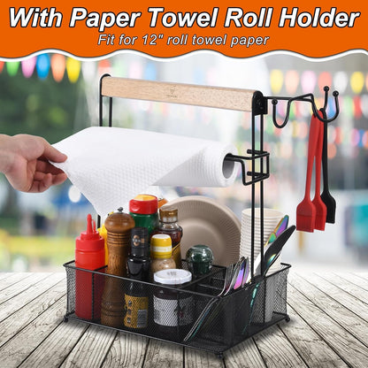 VIKEYHOME Grill Caddy, Picnic BBQ Organizer for Camping Outdoor Mesh Basket with 3 Hanging Hooks and Paper Towel Holder, Ideal Table Storage Tools for RV Camper/Tailgating/Flatware