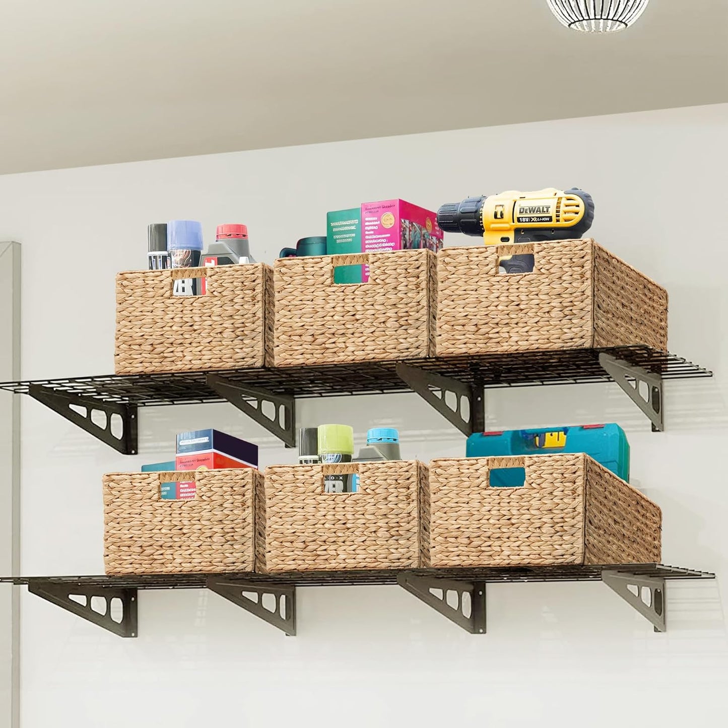 eHemco Trapezoid Woven Hyacinth Wicker Pantry Storage Baskets with Iron Wire Frame, 13.25"x9"x7/3.5", Natural, Set of 2