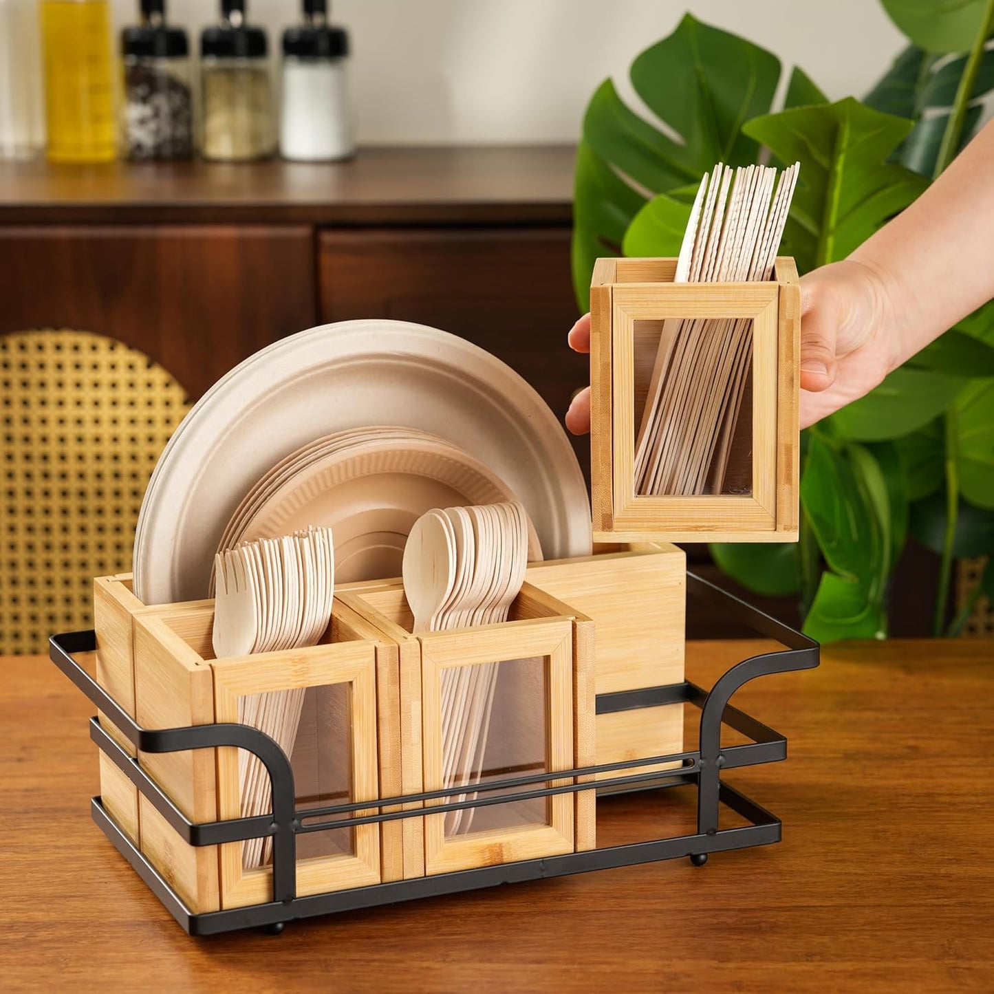 Silverware Caddy Wood Utensil Holder Cutlery Flatware Paper Plate Dispenser Organizer for Spoons Forks Plates Napkins (Acrylic)