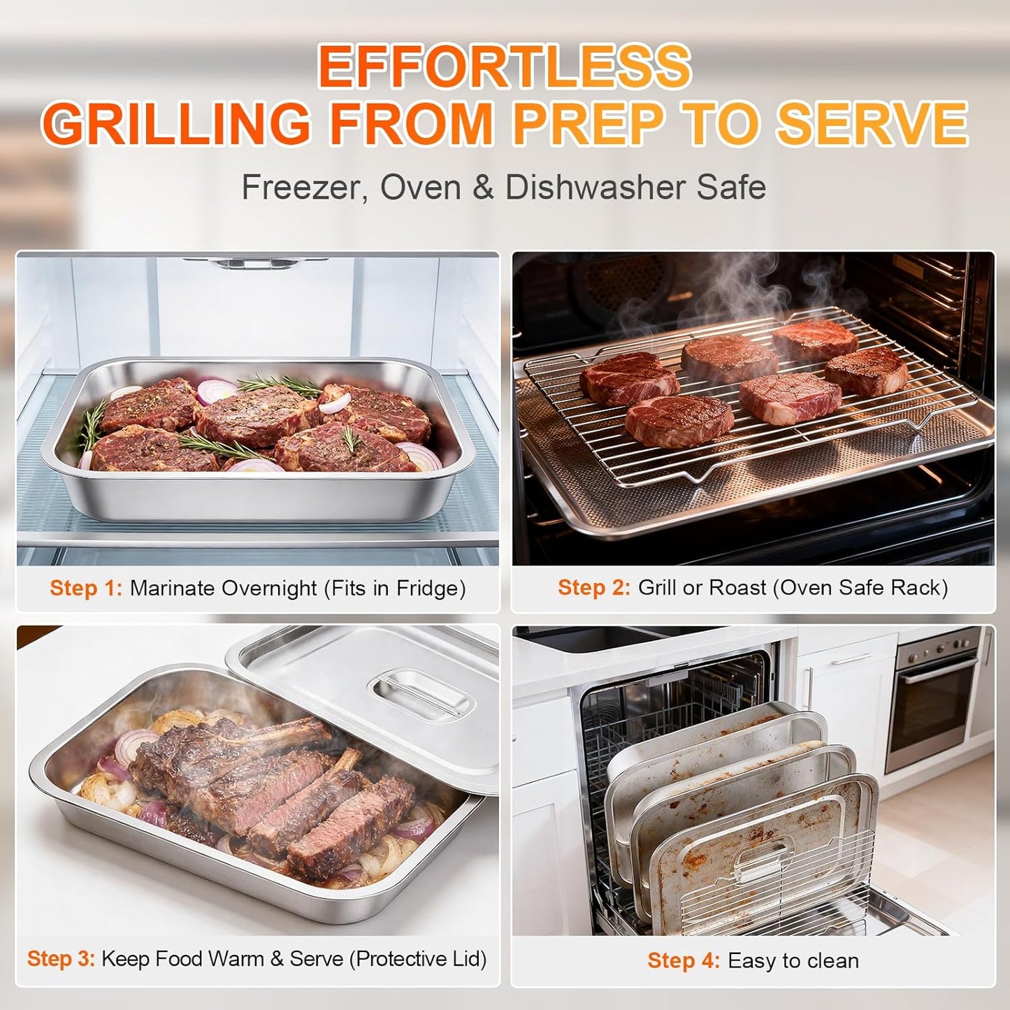 7-Piece Grill Prep and Carry System,Stainless Steel BBQ Marinating Container with Lid,Cutting Board Wire Rack Tongs & Heat Resistant Gloves,Stackable Food Tray Accessories for Outdoor &Camping Cooking