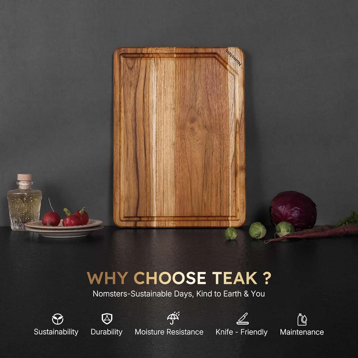 3 Pack Teak Wood Cutting Board Set with Holder Non Slip Over Sink Wooden Chopping Board for Fresh Meat Vegetable Thick Haus Perfect for Charcuterie Juice Groove Kitchen Accessories - FSC Certified