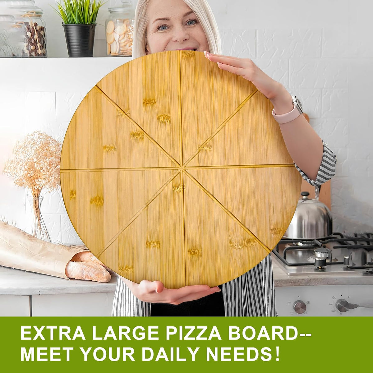 16inch Pizza Cutting Board Round Large Bamboo Wooden Prep Platter Tray