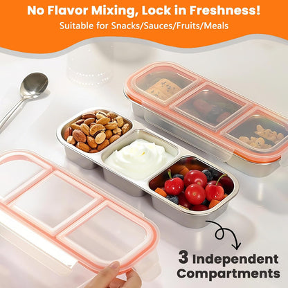 4 Pack Stainless Steel Snack Containers with Leak-Proof Lids, 3 Compartments Reusable Stainless Steel Lunch Box for Balanced Meals, Snackle Box Container,Meal Prep,Work,Camping