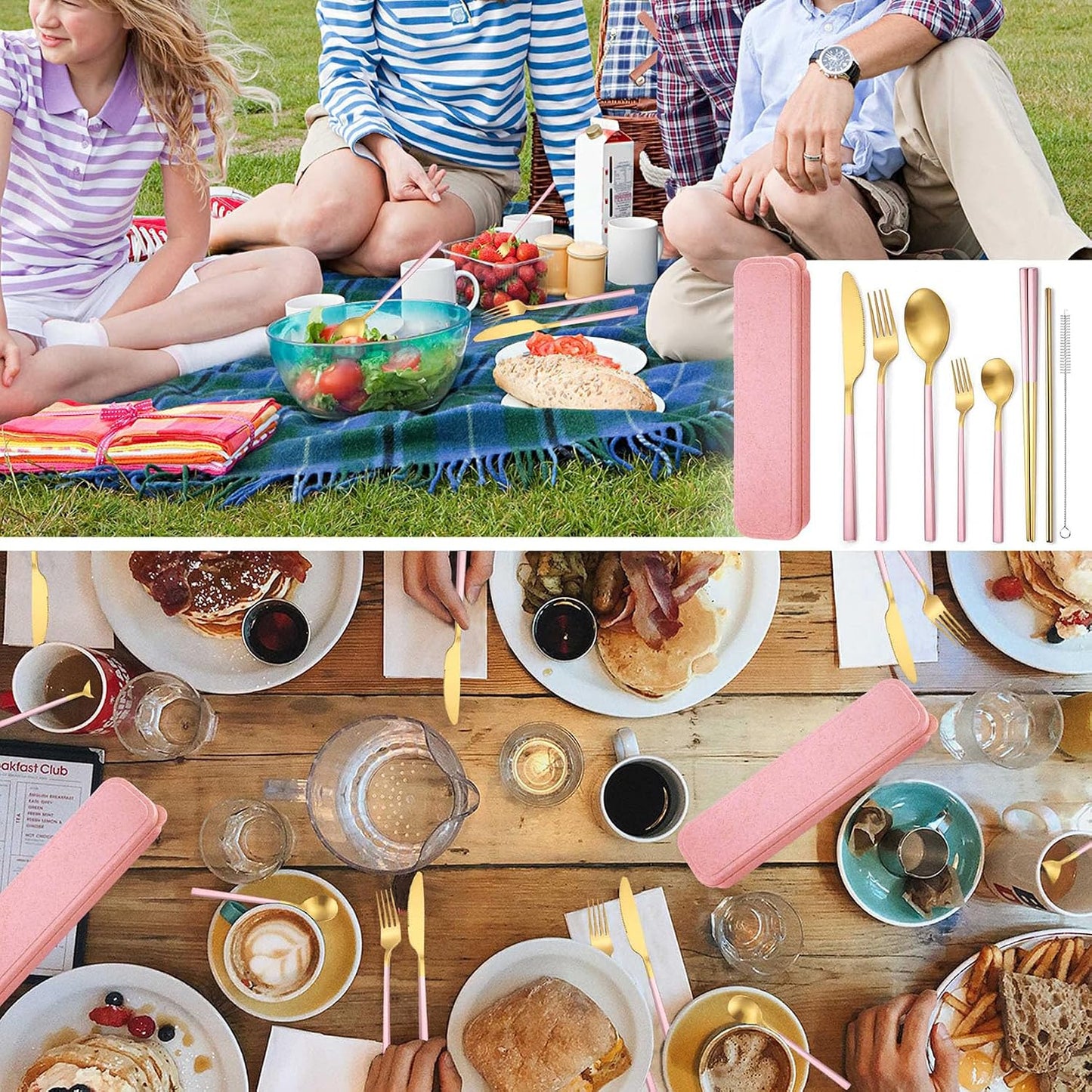 AARAINBOW 6 Pieces 18/8 Stainless Steel Flatware Set Portable Reusable Cutlery Set Travel Utensils Set Including Chopsticks Knife Fork Spoon Straws Cleaning Brush Dishwasher Safe (Green golden)