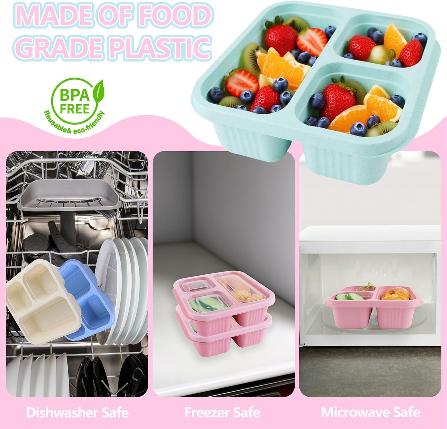 Finorder 6 Pack 4-Compartment Snack Containers, Reusable Food Containers for Kids School, Adults Office, Picnic Trip, Lunch Bento Box Meal Prep Containers (Bright Color Set)