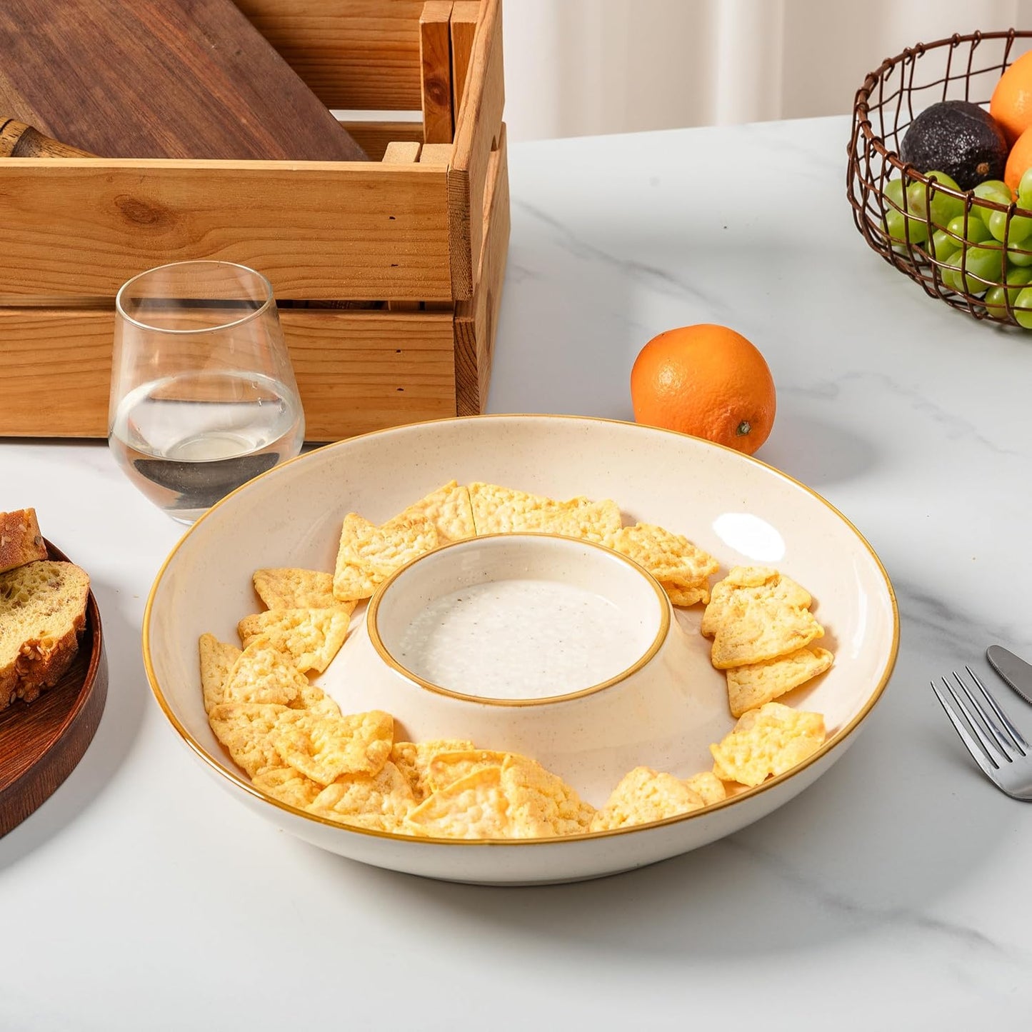 LEHAHA 12.25 inch porcelain Chip and Dip Serving Set, Ceramic Platters for Cheese, Appetizers &Chips Salsa, Fruit and Veggies, Divided Serving Trays for Family Gathering and Parties, Dark Creamy