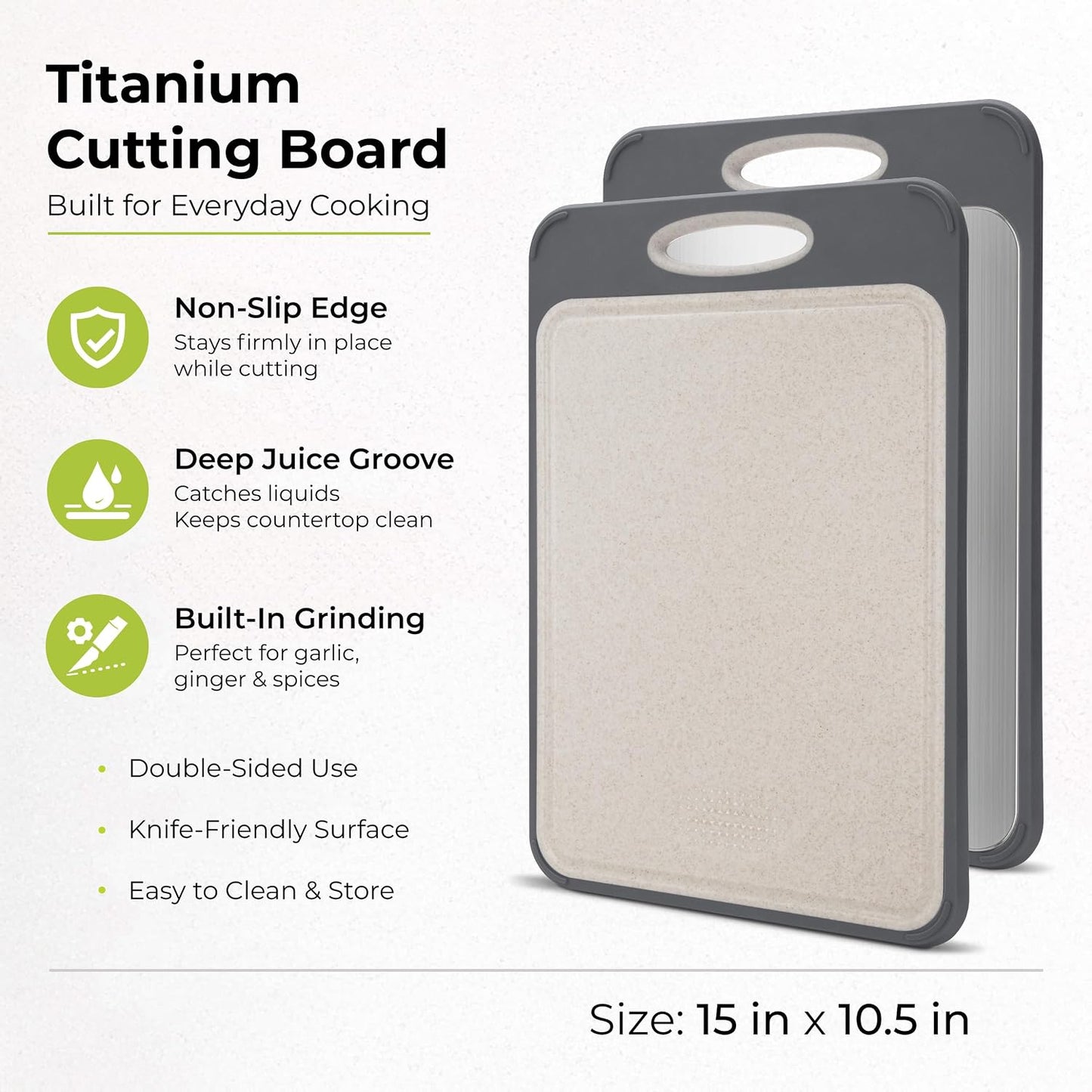 Freshware Titanium Cutting Board for Kitchen, Set of 2, Double Sided Cutting Boards, Pure Titanium/PP, Chopping Board with Juice Grooves, Dishwasher Safe, Medium 12.1" by 8.3" and Large 16.2" by 11"