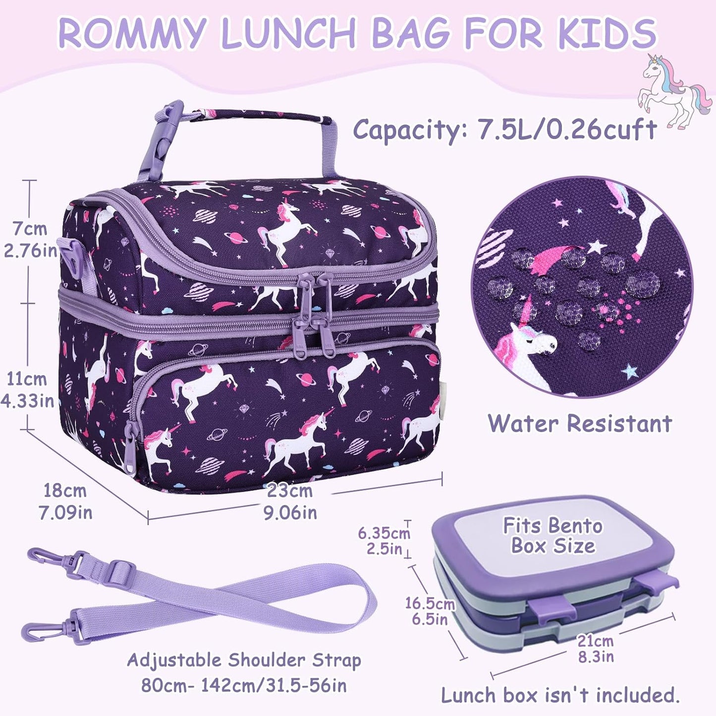Kasqo Lunch Bag Kids, Dual Compartment Insulated Cooler Bag 7.5L Girls Boys Toddler Lunch Box Containers for Daycare School Kindergarten Travel Ombre Butterfly