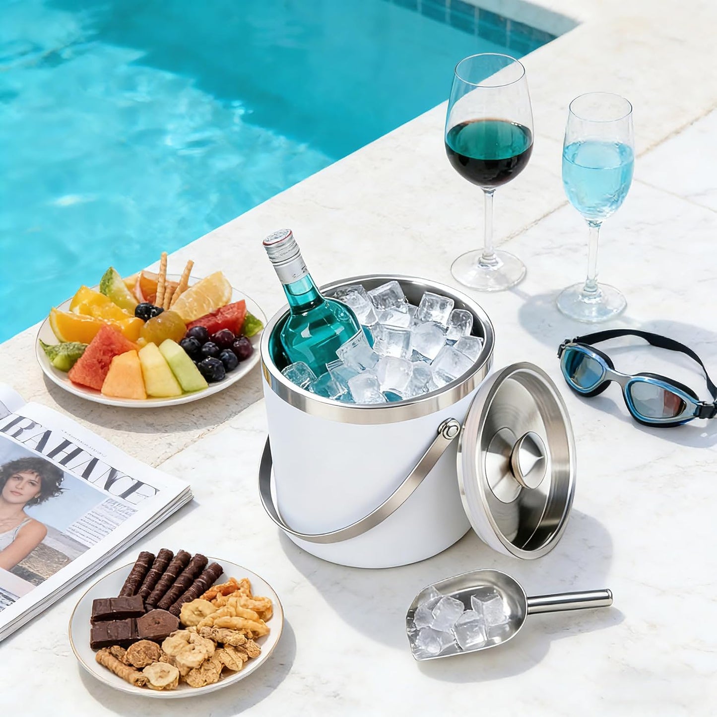 3L Double-Wall Insulated Stainless Steel Ice Bucket with scoop for Cocktail Bar - Metal Ice Bucket for freezer with Lid for parties,Camping,and More!champagne bucket,bar cart accessories