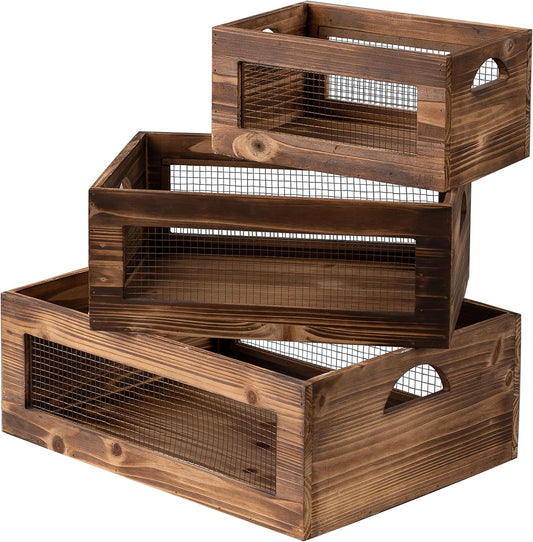 Rustic Wooden Crates for Storage Set of 3, Decorative Storage Containers with Metal Wire, Wood Crates for Farmers Market Display, Farmhouse Wood Storage Boxes for Kitchen Countertop Decor