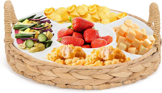GENMOUS Chips and Dip Serving Tray, 13" Divided Serving Trays for Fruit Dips Candy, Water Hyacinth with 5 Sectional Melamine Appetizer Relish Trays for Party