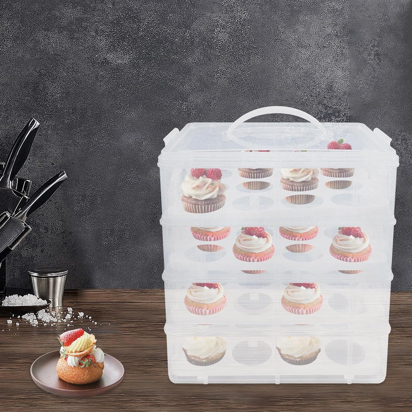 4-Tier Cupcake Carrier, Stackable Storage Container with Transparent Lid & Handle - Holds 48 Cupcakes or Muffins for Parties, Baking, Picnics | Use 1,2,3 or 4 Tiers (White)