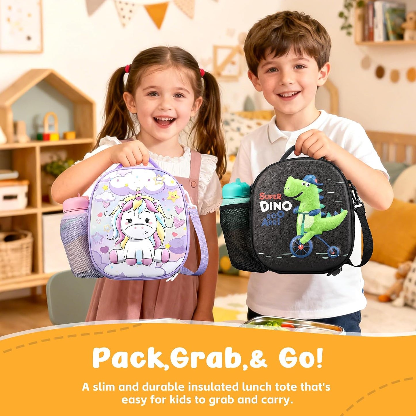 Reusable Insulated Lunch Bag for Kids Teens & Adults with Adjustable Shoulder Strap - Large Durable Lunch Bag Tote for School Travel Picnic Work - Leakproof Design Lunch Carrier (Black -3D Dinosaur)