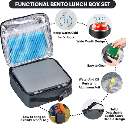 Bento Lunch Box with 8oz Soup Thermo,Kids Leakproof 4 Compartment Lunch Food Containers with Sauce Cup and Ice Pack,Kids Thermo Insulated Hot Food Jar and Lunch Bag for School,Trvael-Black