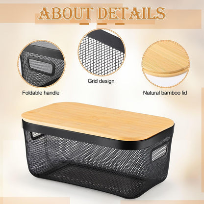 Sawysine 4 Pcs Metal Mesh Steel Basket with Handles and Bamboo Lids 16 x 9.8 '' Stackable Black Wire Basket Pantry Organization and Storage for Cabinets Shelves Kitchen Harvest