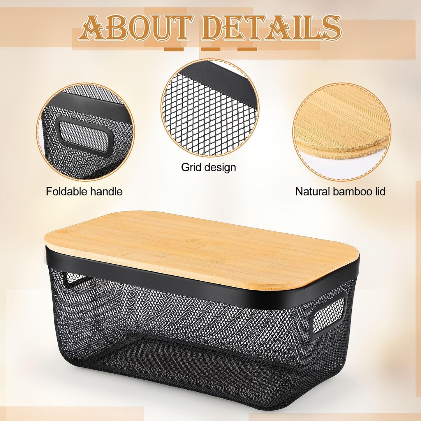 Sawysine 4 Pcs Metal Mesh Steel Basket with Handles and Bamboo Lids 16 x 9.8 '' Stackable Black Wire Basket Pantry Organization and Storage for Cabinets Shelves Kitchen Harvest