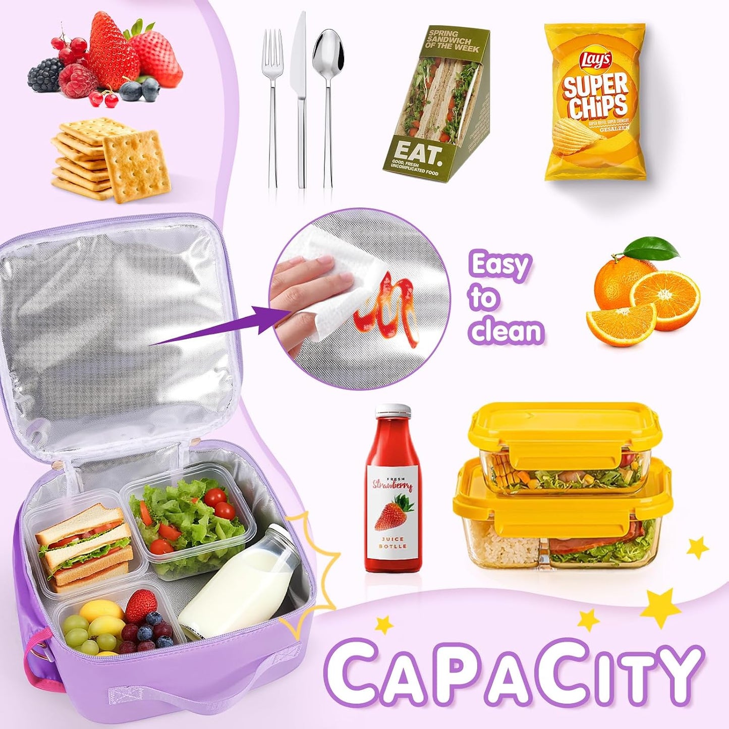 Nsrzua Lunch Bag Kids-Kids Insulated Lunch Bag with Adjustable Strap - Reusable Leakproof Lunch Box for Girls, Preppy School Lunch Tote for Travel, Picnic,School & Winter Camp