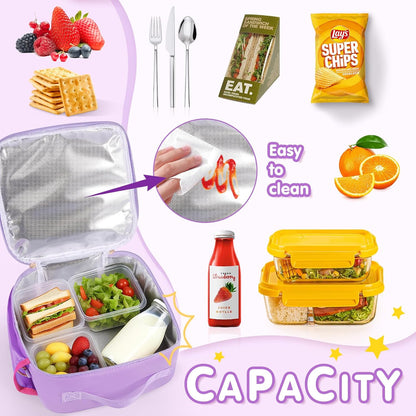 Nsrzua Lunch Bag Kids-Kids Insulated Lunch Bag with Adjustable Strap - Reusable Leakproof Lunch Box for Girls, Preppy School Lunch Tote for Travel, Picnic,School & Winter Camp