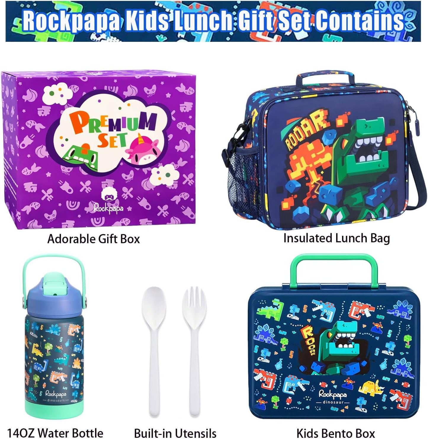 rockpapa Kids Lunch Box Set with 14oz Insulated Water Bottle & Lunch Bag, Leakproof 5.5 Cups Bento Box for School & Children, BPA-Free, Microwave Safe for Boys Girls (Grey Constr Turcks)