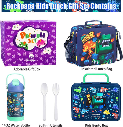 rockpapa Kids Lunch Box Set with 14oz Insulated Water Bottle & Lunch Bag, Leakproof 5.5 Cups Bento Box for School & Children, BPA-Free, Microwave Safe for Boys Girls (Grey Constr Turcks)