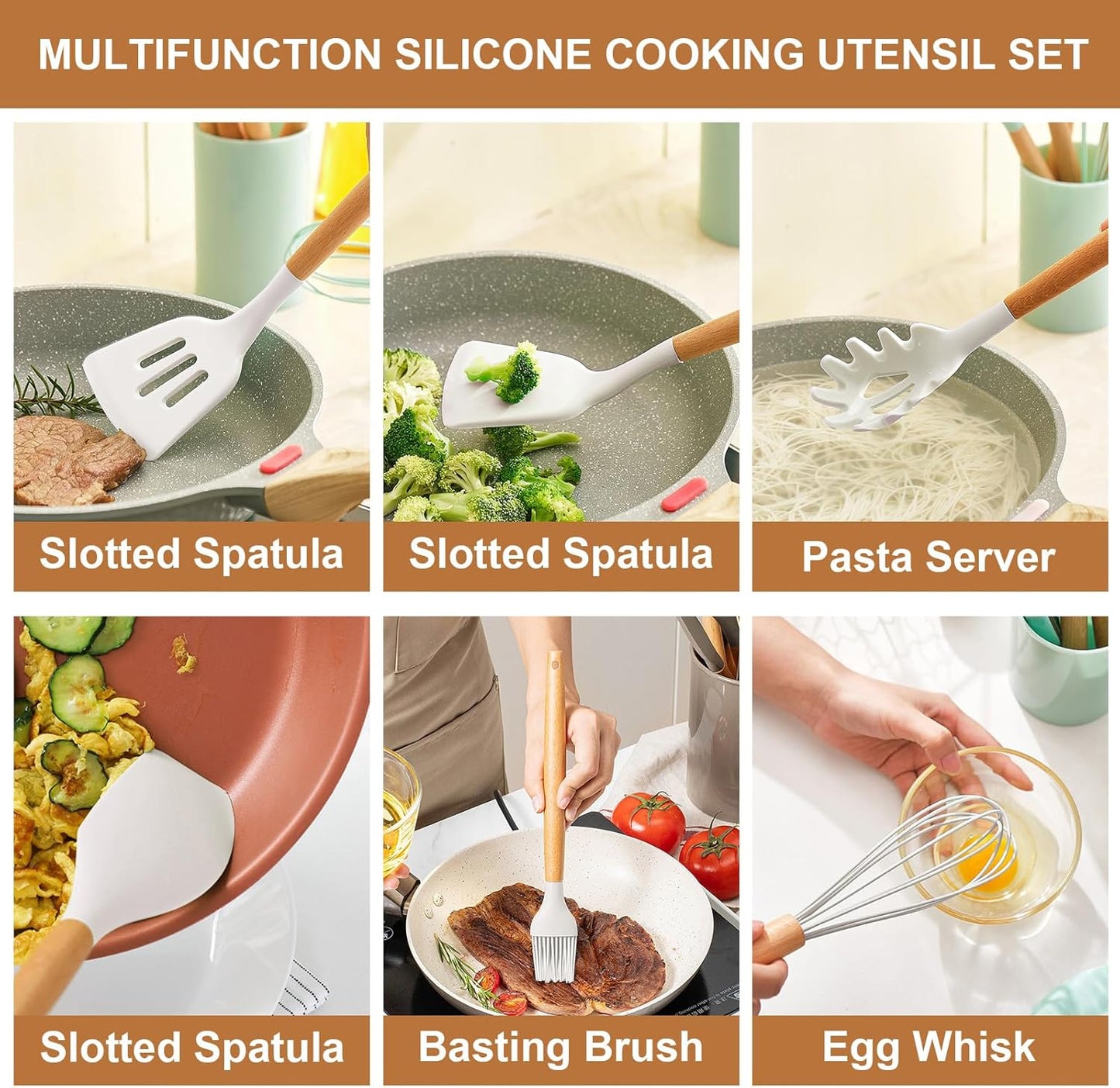 12 pcs Silicone Cooking Utensils Kitchen Utensil Set with Holder Heat Resistant Silicone Spatula Turner Set Wooden Spoons Kitchen Gadgets Tools Cooking Utensils for Nonstick Cookware (White)