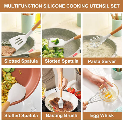 12 pcs Silicone Cooking Utensils Kitchen Utensil Set with Holder Heat Resistant Silicone Spatula Turner Set Wooden Spoons Kitchen Gadgets Tools Cooking Utensils for Nonstick Cookware (White)