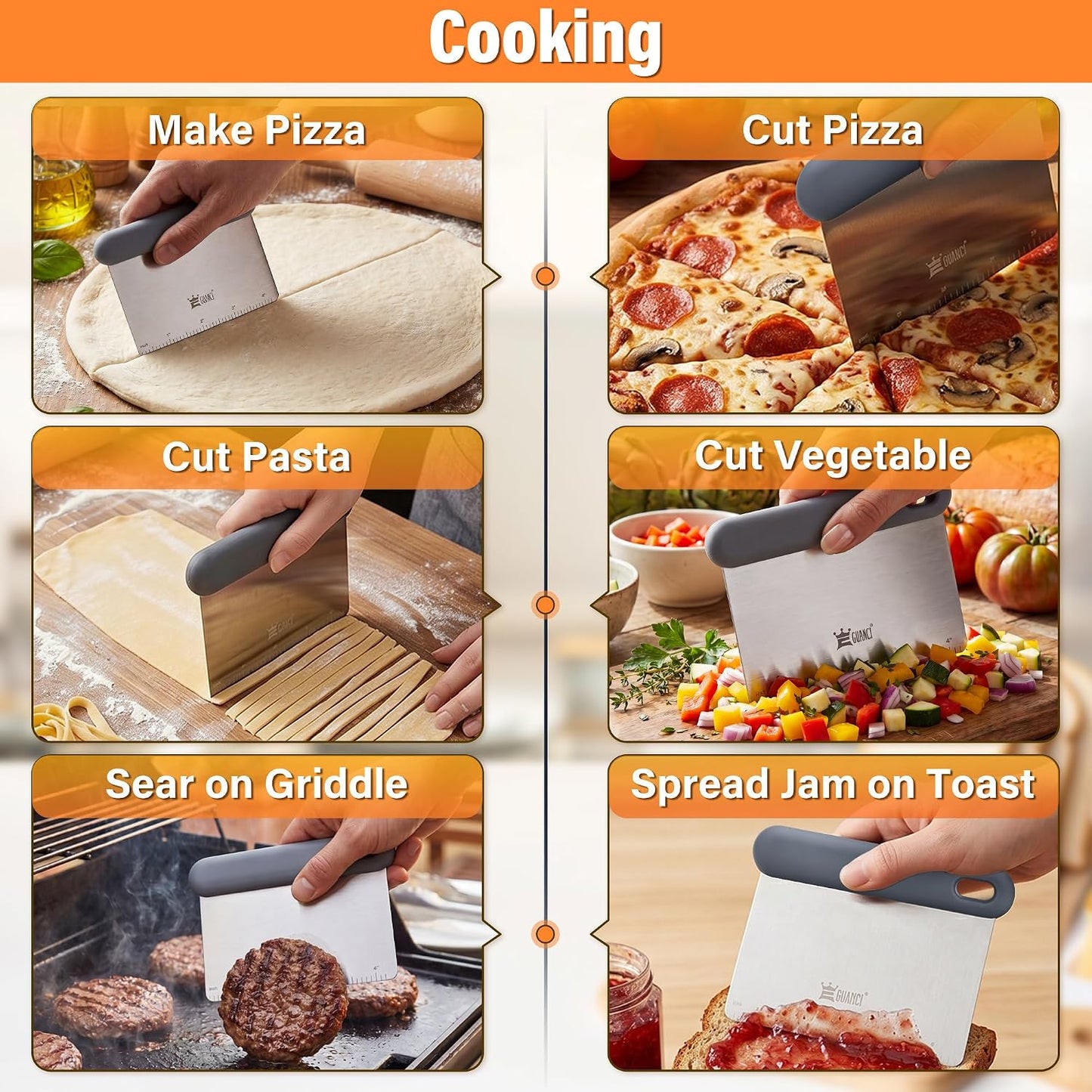 Bench & Dough Scraper Set of 4, Flexible Stainless Steel Kitchen Scraper with Platinum Silicone Non-Slip Grip, Multipurpose Food Scraper for Dough, Dishwasher Safe, Measuring Scale & Conversion Chart