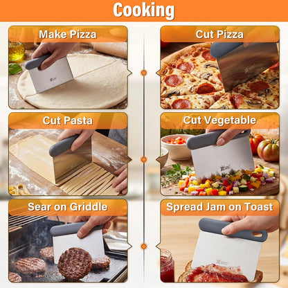 Bench & Dough Scraper Set of 4, Flexible Stainless Steel Kitchen Scraper with Platinum Silicone Non-Slip Grip, Multipurpose Food Scraper for Dough, Dishwasher Safe, Measuring Scale & Conversion Chart