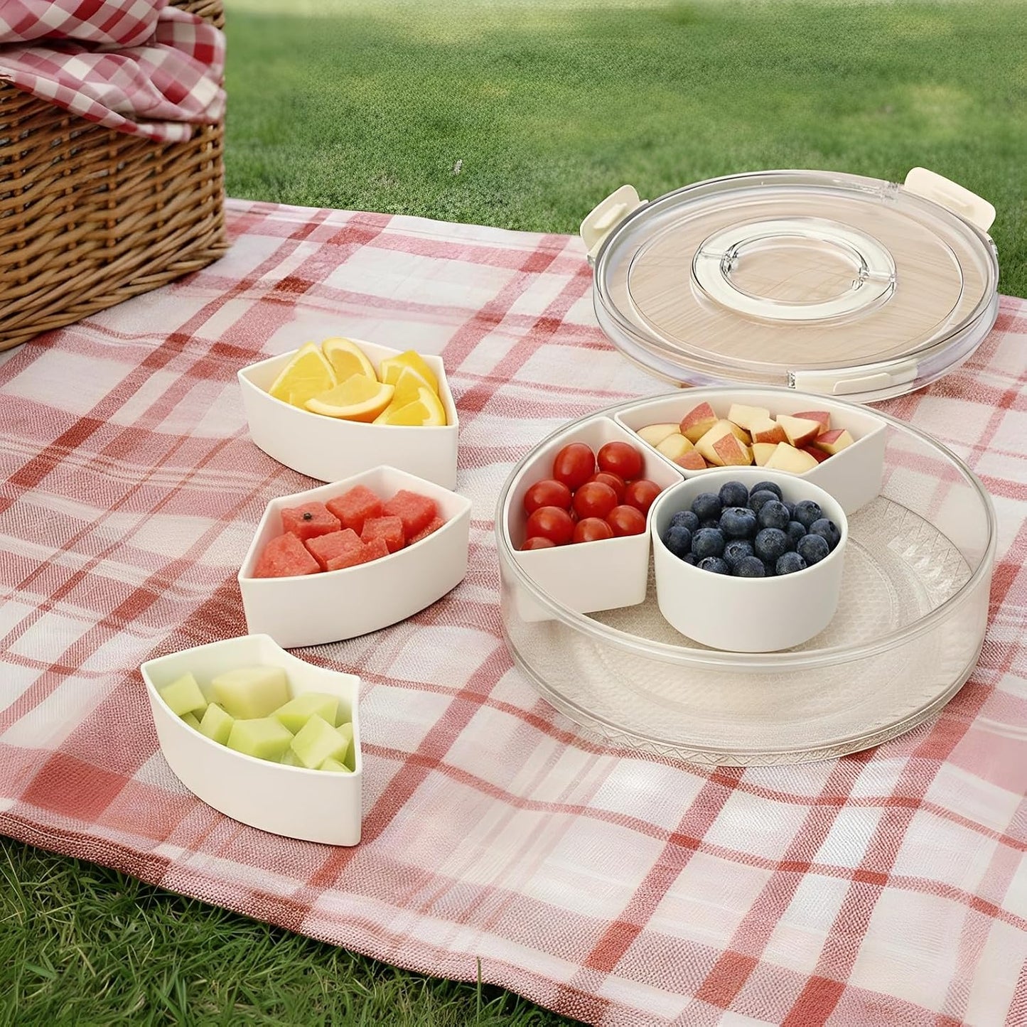 Vegetable Serving Tray with Lid and Handle, 12-Inch Rotating Fruit Tray with 5 Divided Sections & Center Bowl, Round Veggie Tray Container for Family Snacks, Parties & Movie Nights