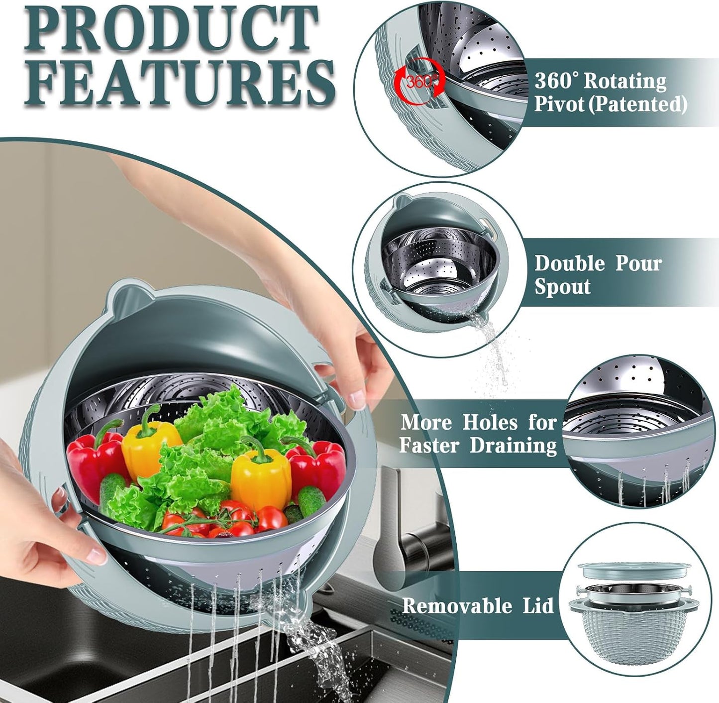 4-in-1 Colander with Bowl Set — Patented 360° Rotatable Strainer Bowl with 3 Graters, Snap-On Lid & Non-Slip Base, Funny Kitchen Present for Women, Aesthetic Pasta Fruit Vegetable Strainer (Beige)