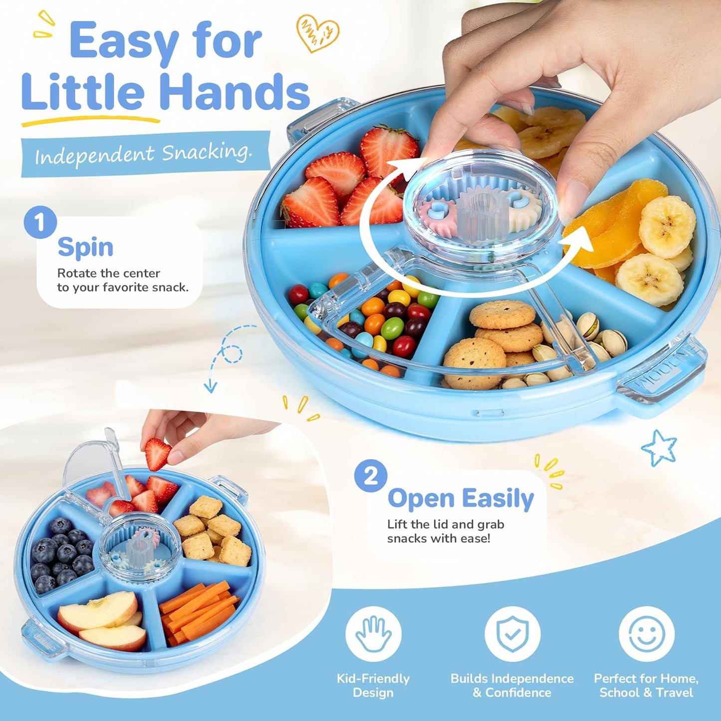 Kids Divided Snack Box with Hand Strap, Reusable 5-Compartment Kids Snack Container, BPA-Free Portable Candy & Nut Serving Platter for Travel, Parties, Picnics(Grey)