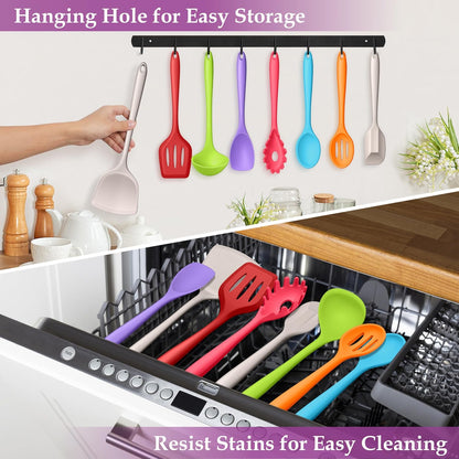 LIANYU Non-Toxic Silicone Kitchen Utensils Set, 8 Piece Non-Scratch Cooking Spoons & Spatulas, Stainless Steel Core, Heat Resistant & Dishwasher Safe, Khaki